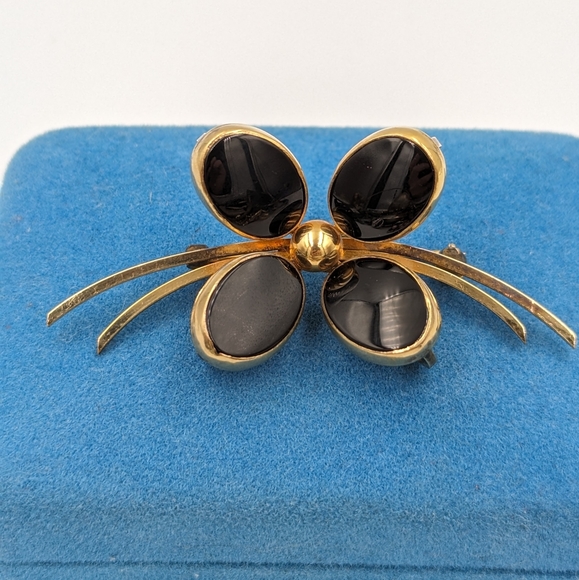 Beautiful Vintage Bal-Ron 12k G.F. Black Onyx Brooch Flower 4 Leaf Clover Motifs - Picture 2 of 7